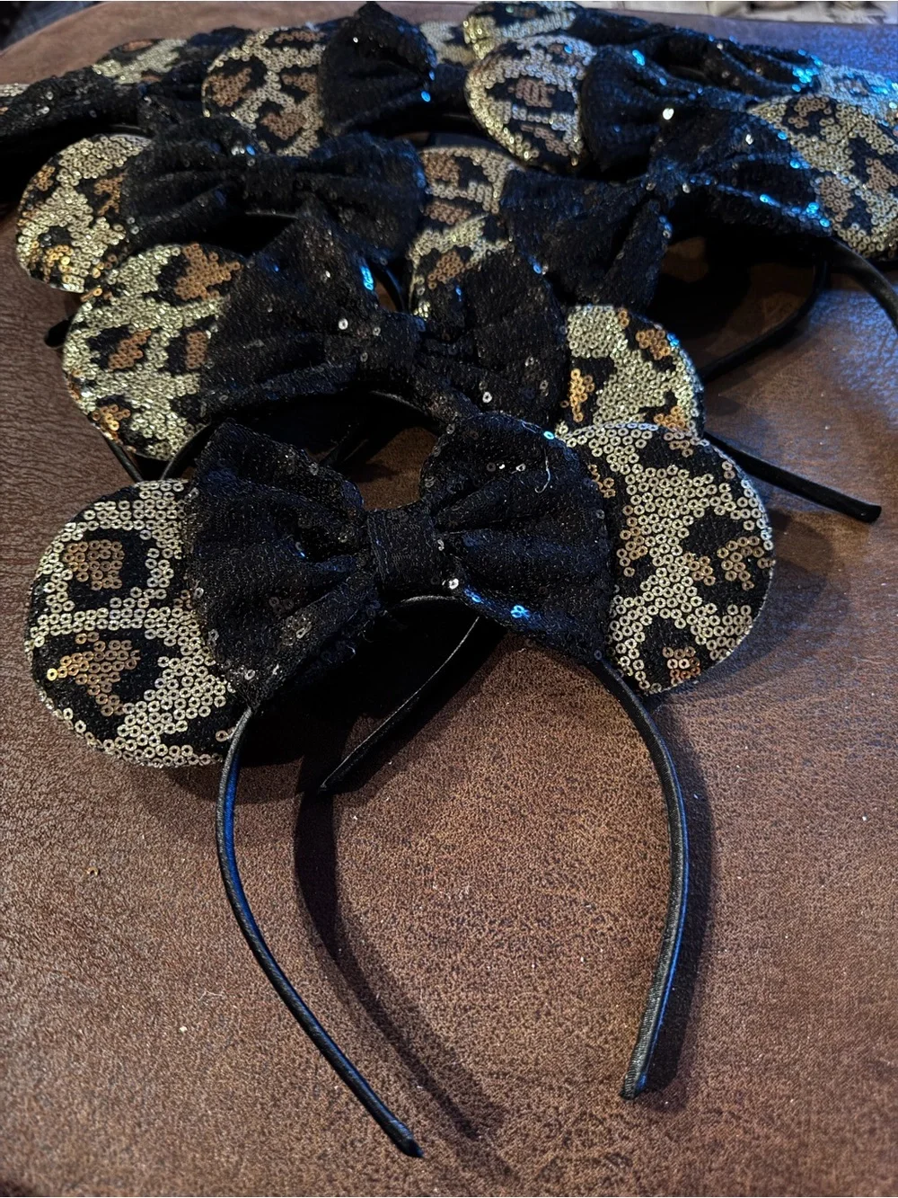 Bulk Lot-9 New Leopard Minnie Ear, Black Sequin Bow Headbands-Wholesale Pricing